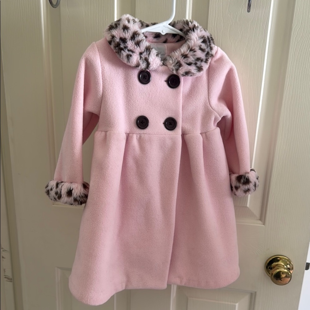 Pink Double-Breasted Kids Coat with Faux Fur Trim